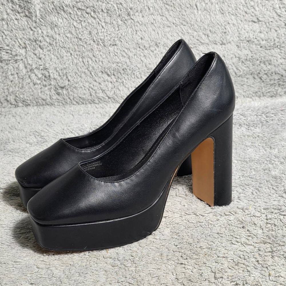 NY&C Black Faux Leather Platform‎ Chunky Heel Pumps Square Toe Women's Size 8